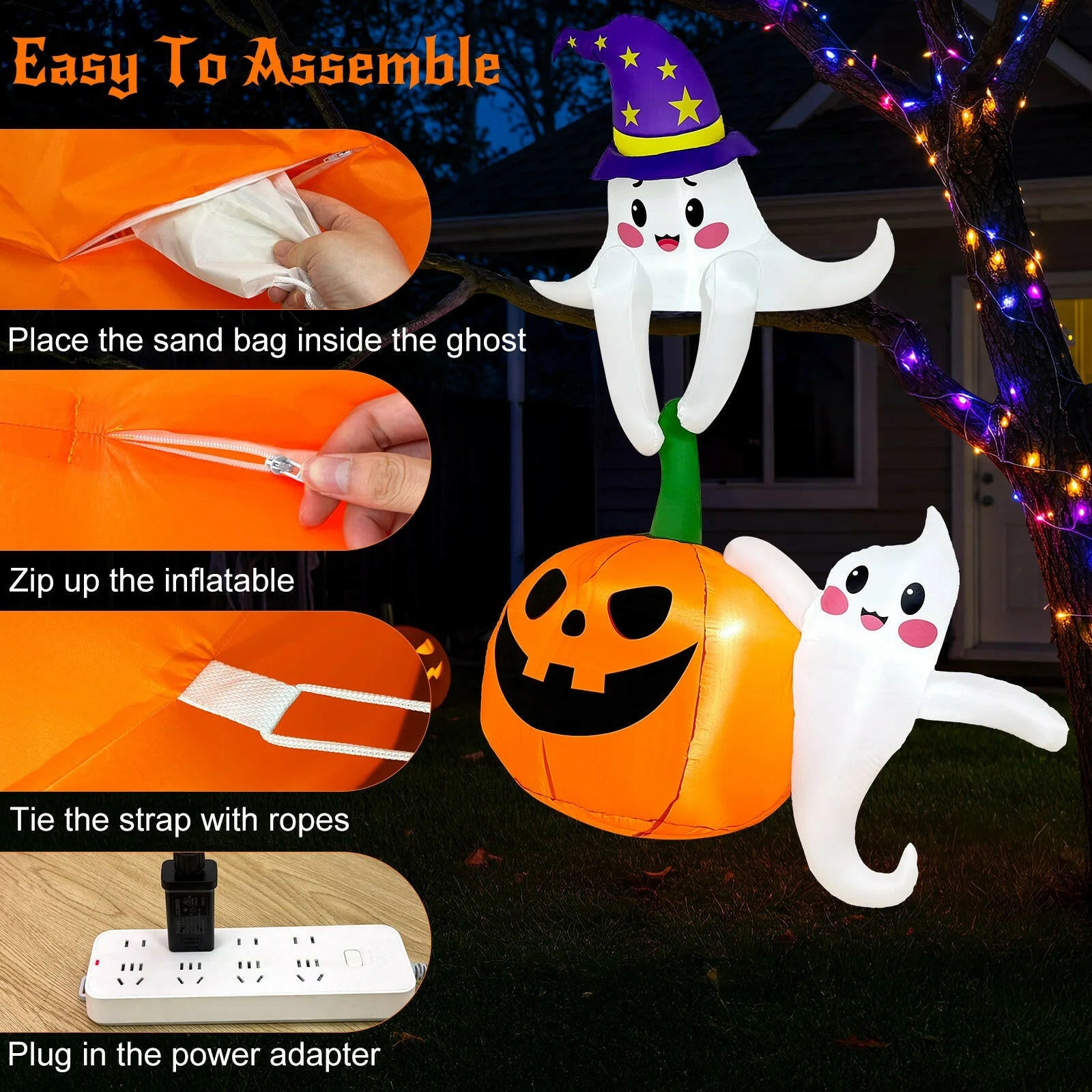 7FT Halloween Inflatable Decoration – Ghost and Pumpkin Scene with LED Lights for Outdoor and Indoor Yard, Roof, and Party Display