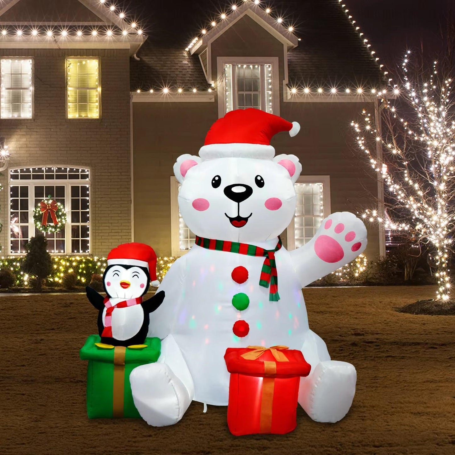 6FT Polar Bear & Penguin Christmas Inflatable – LED-Lit Outdoor Decoration with Gift Boxes | Waterproof, Self-Inflating.