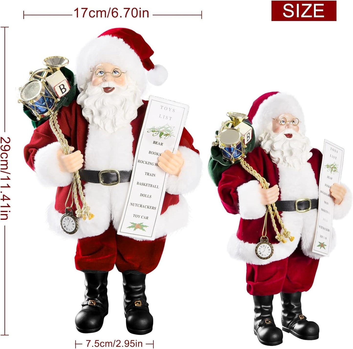 11‑Inch Santa Claus Figurine – Velvet Coat, Glasses & Gift Bag.