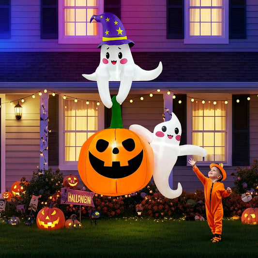 7FT Halloween Inflatable Decoration – Ghost and Pumpkin Scene with LED Lights for Outdoor and Indoor Yard, Roof, and Party Display