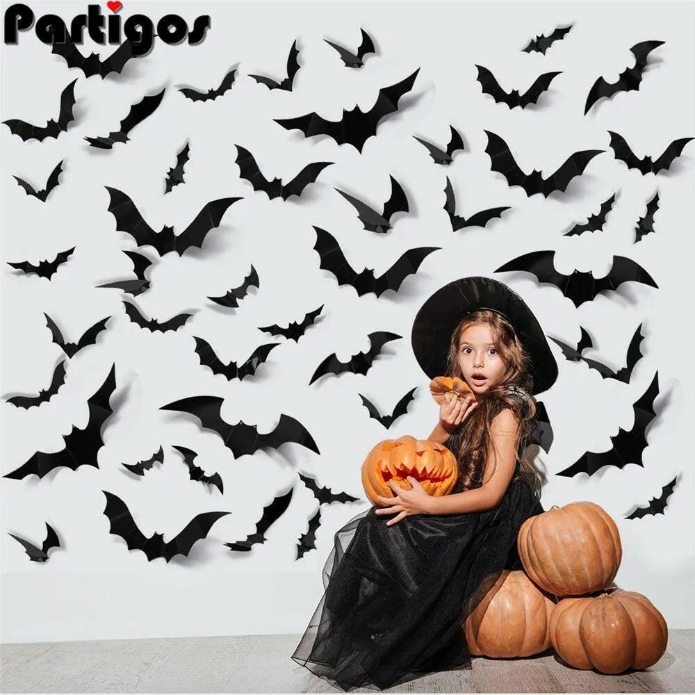 3D Black PVC Bat Wall Stickers – 24/48-Piece Halloween Set for DIY Haunted Decor