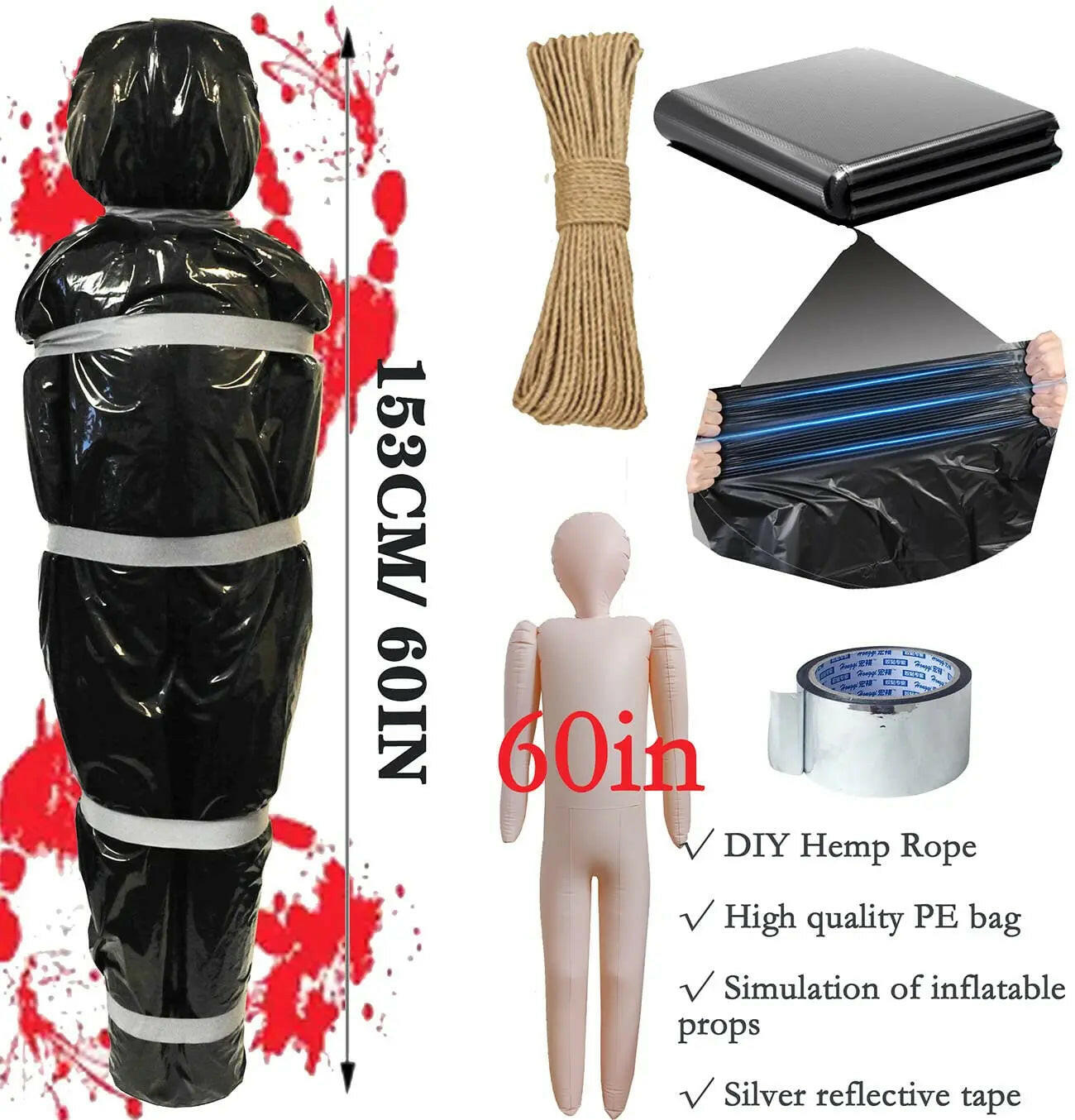 59Inch Halloween Corpse Props Set Outdoor Yard Creepy Shroud Decoration Horror Bloody Body Bag Haunted House Hanging Decorations