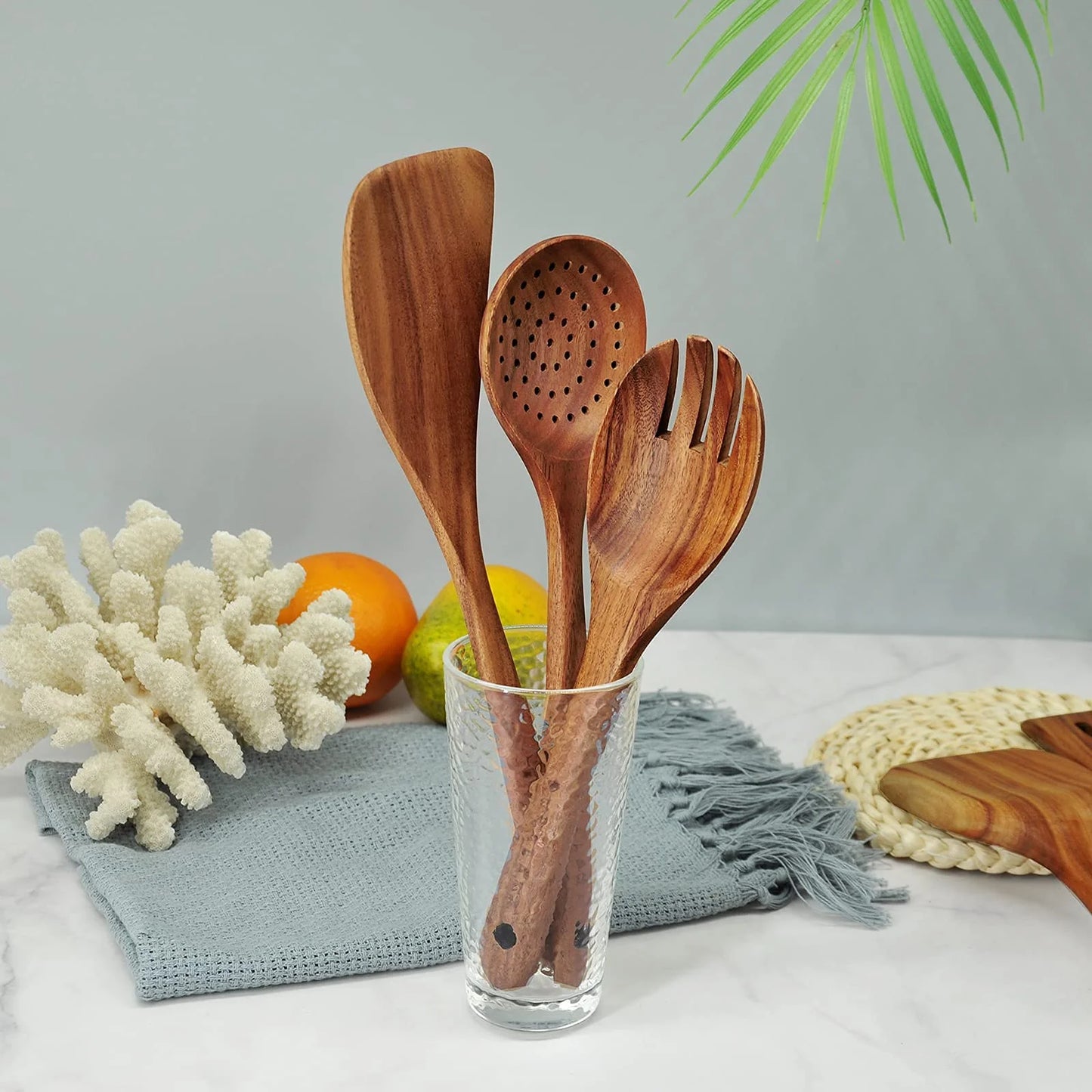 8-Piece Wooden Cooking Utensil Set | Natural Teak Kitchen Tools.