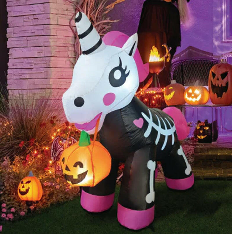 5FT Inflatable Skeleton Unicorn – LED Halloween Blow-Up Decoration for Garden, Lawn, and Indoor Displays