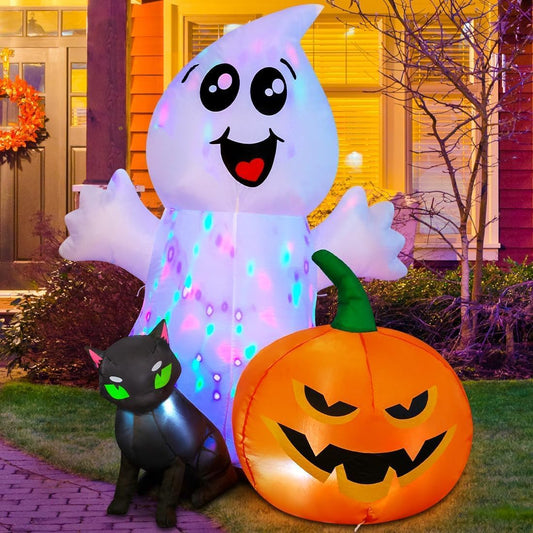 5FT Halloween Inflatable Ghost with Black Cat and Pumpkin – LED‑Lit Outdoor & Indoor Decoration