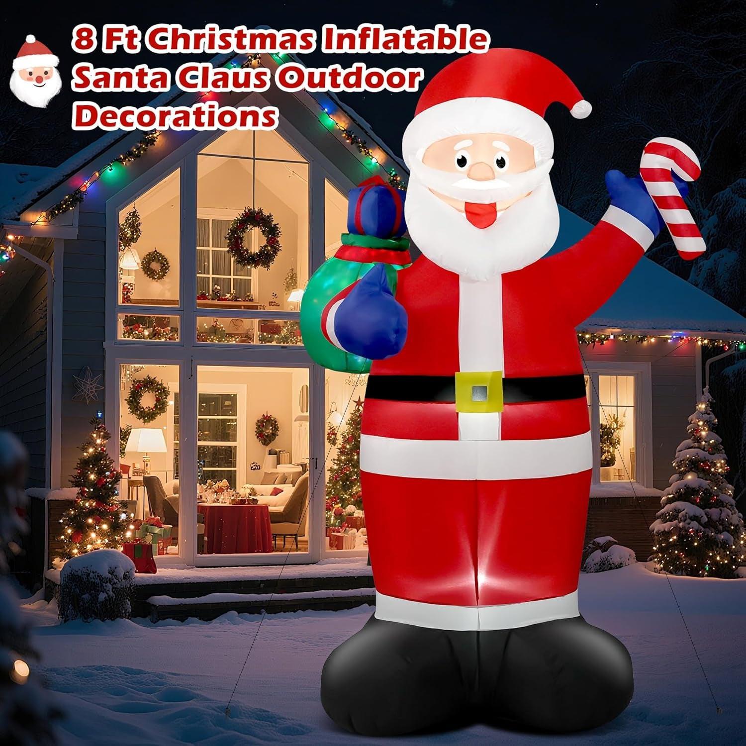 8FT Giant Christmas Inflatable Santa with Flashing Gift Bag – IP44 Weatherproof Outdoor Decoration for Lawn, Garden & Holiday Parties.