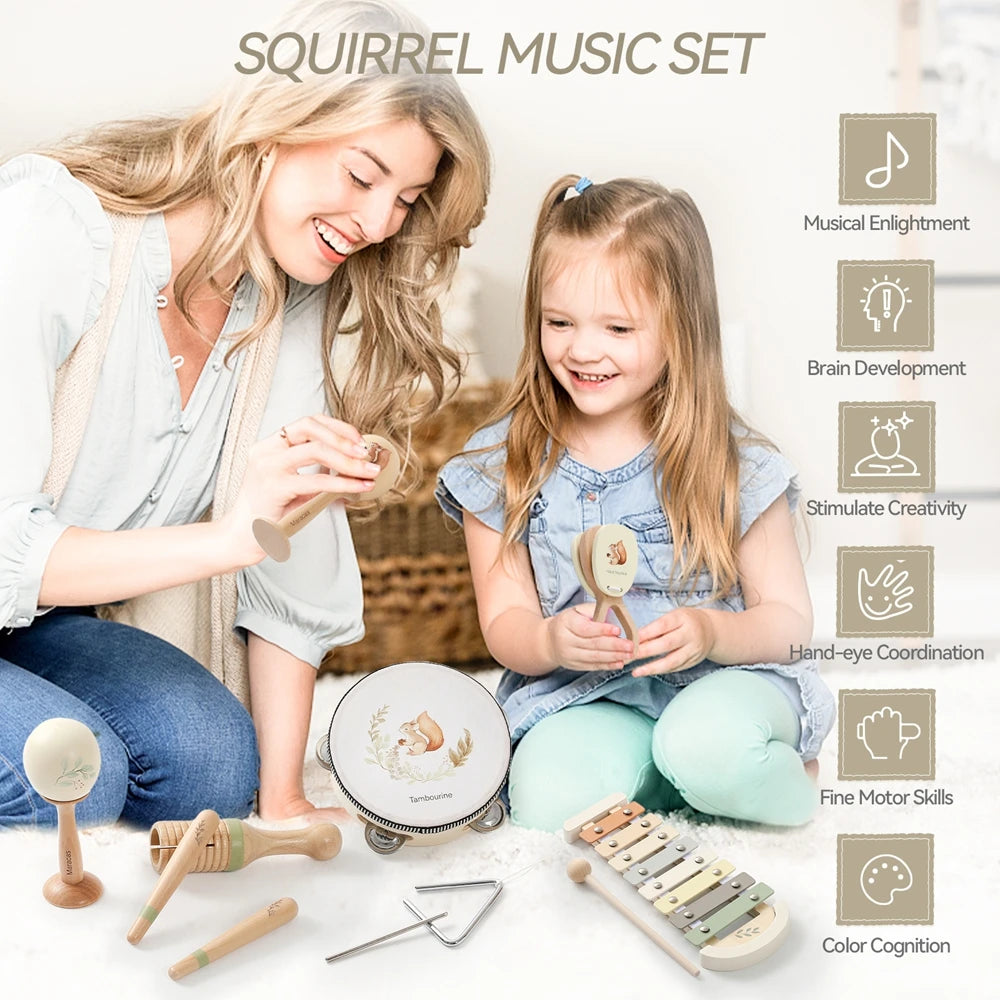 Wooden Baby Musical Gift Set – Eco‑Friendly Rattle, Maraca, Drum, Xylophone, Bell Shaker for Infants 0–2