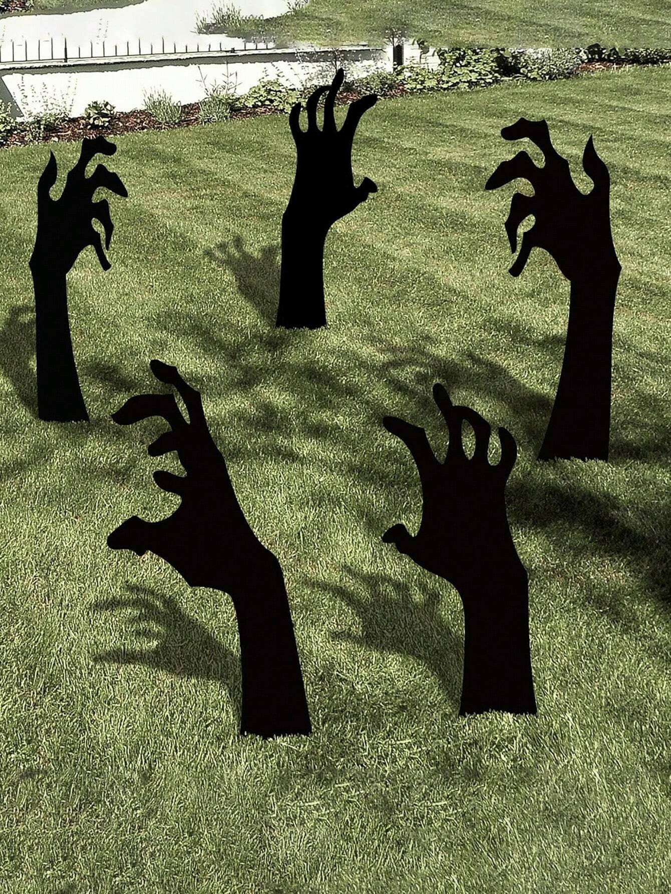 Haunted Yard Essentials – 5PCS Grasping Hand Silhouette Yard Stakes – Creepy Halloween Lawn Decorations for Outdoor Displays