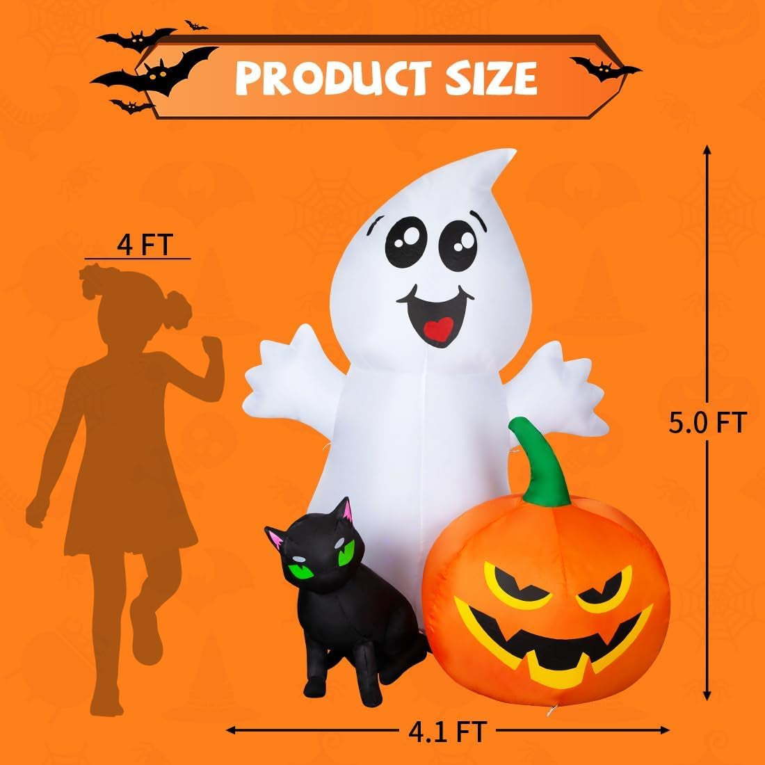 5FT Halloween Inflatable Ghost with Black Cat and Pumpkin – LED‑Lit Outdoor & Indoor Decoration