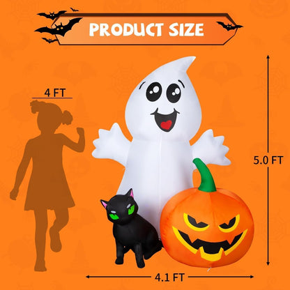 5FT Halloween Inflatable Ghost with Black Cat and Pumpkin – LED‑Lit Outdoor & Indoor Decoration