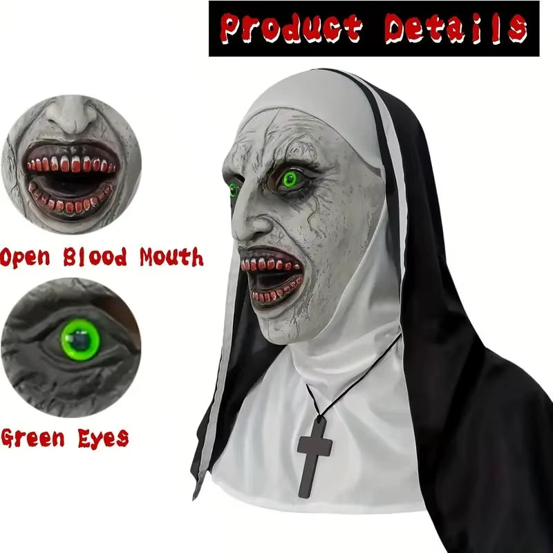 Screaming Nun Horror Masks – White Scare Face Costume Props for Halloween Parties and Cosplay