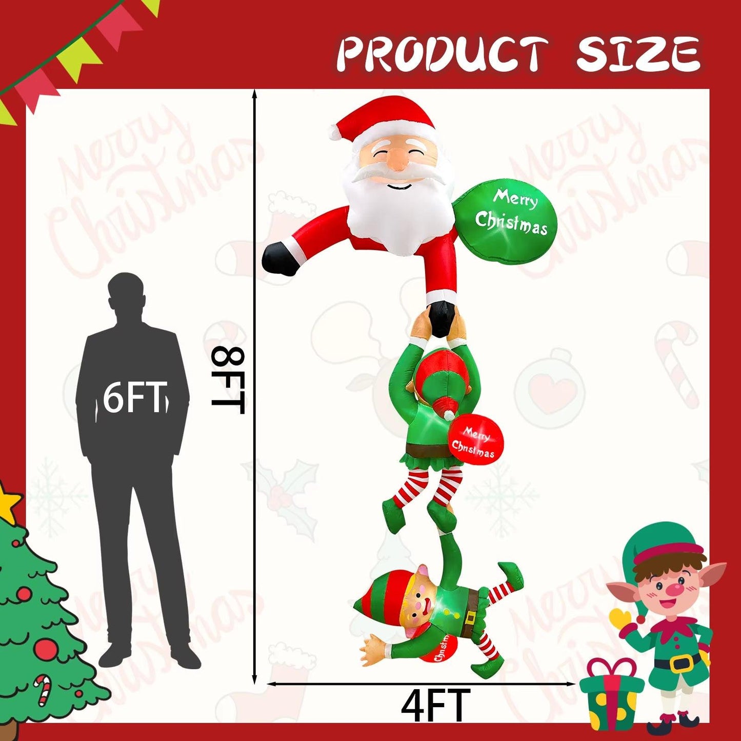 8FT Hanging Santa & Elf Christmas Inflatable – LED-Lit Outdoor Decoration for Windows, Roofs & Eaves.