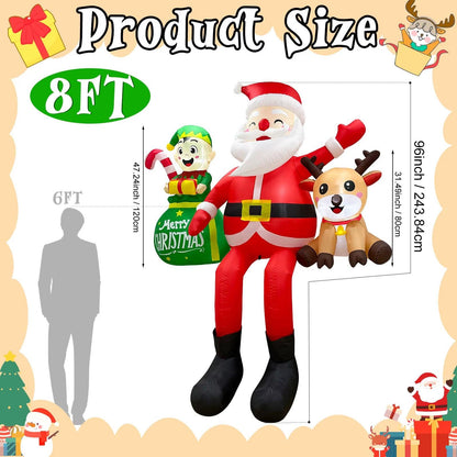8FT Sitting Santa Inflatable – LED Christmas Display with Elves & Reindeer.