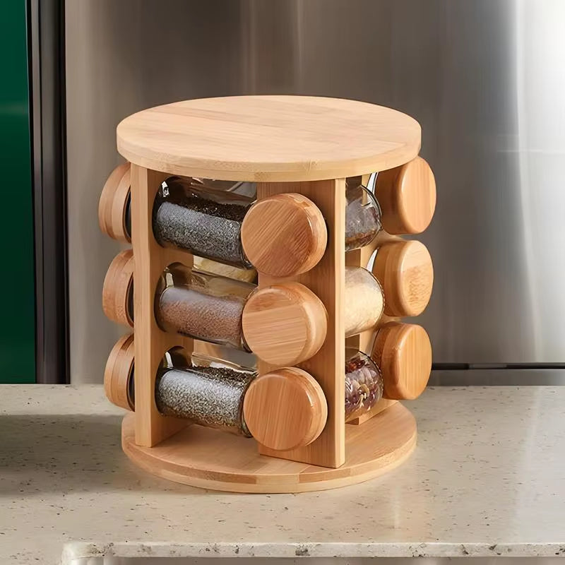 Wooden Seasoning Rack Condiment Jar Holder for Kitchen Rotating Salt Container Storage Shelf for Pepper Jars Condiment Box Rack
