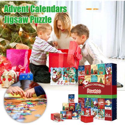 Christmas advent calendar puzzle with 24 pieces, eco-friendly cardboard, festive artwork by Christmas Eve.