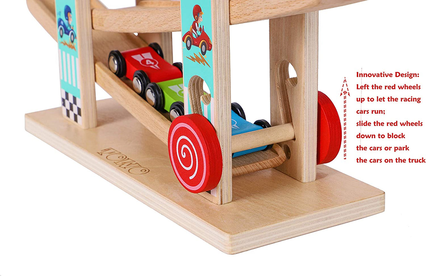 TOWO Wooden Car Ramp Toy | Zig Zag Slide with 4 Cars.