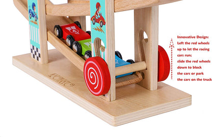 TOWO Wooden Car Ramp Toy | Zig Zag Slide with 4 Cars.
