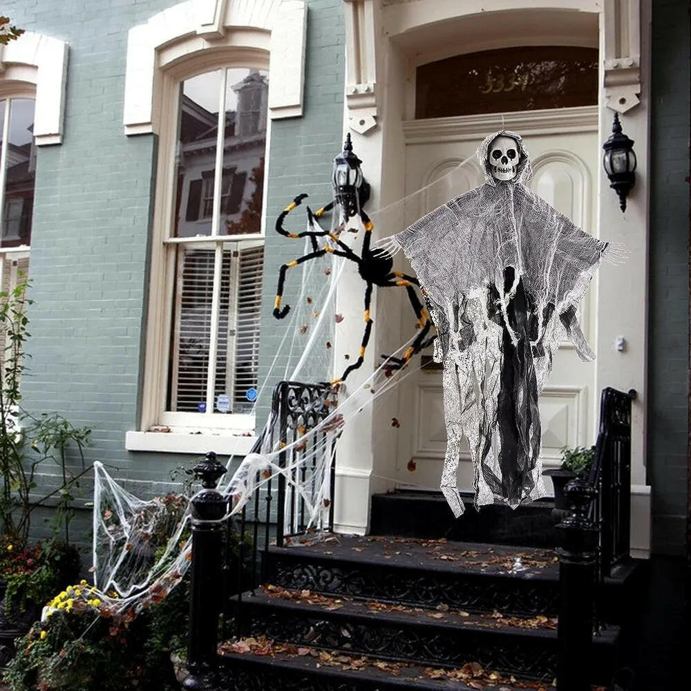 2025 Hanging Skull Ghost – Adjustable Arms & Wind-Tattered Fabric for Haunted House & Outdoor Halloween Decor (60×85cm)