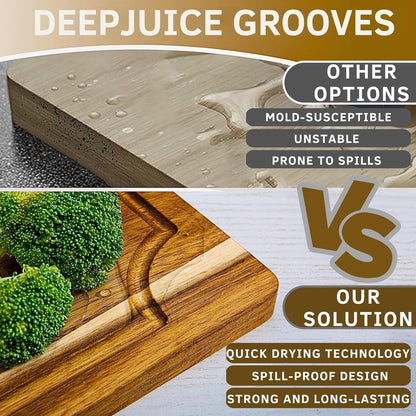 Acacia Wood Cutting Board Set – 3-Piece with Holder, Non-Slip Pads & Juice Grooves.