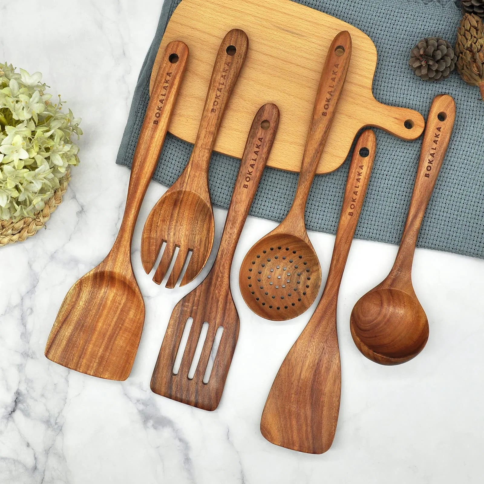 8-Piece Wooden Cooking Utensil Set | Natural Teak Kitchen Tools.