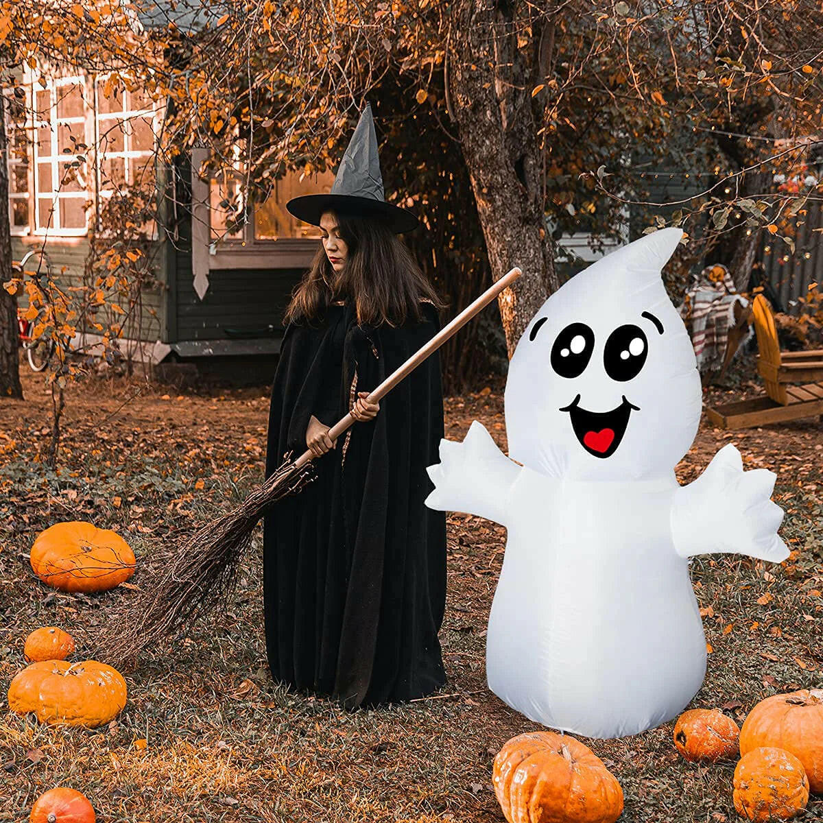 5FT Inflatable Halloween Cute Ghost with Magic Light – LED Blow-Up Decoration for Garden, Lawn, and Indoor Displays