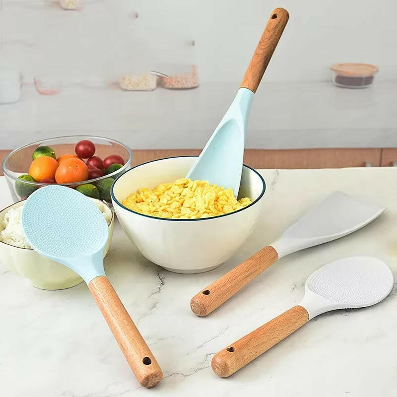 Transform Your Cooking Experience with the Non-Stick Silicone Rice Shovel Spoon - Effortless Serving with a Long Wooden Handle!.