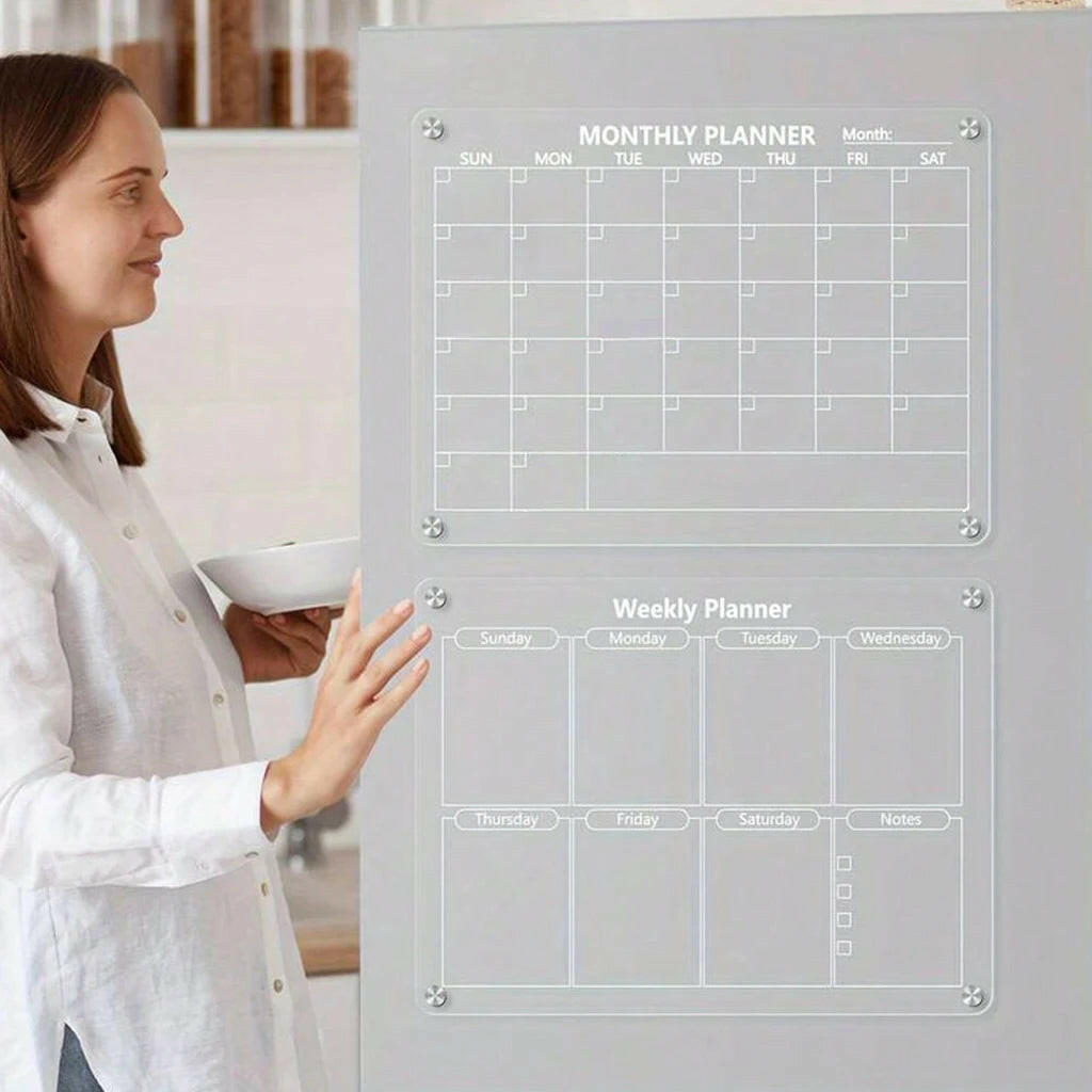 Magnetic Acrylic Calendar for Fridge Refrigerator Monthly Dry Erase Board Markers & Magnetic Pen Holder, Organic Glass Clea