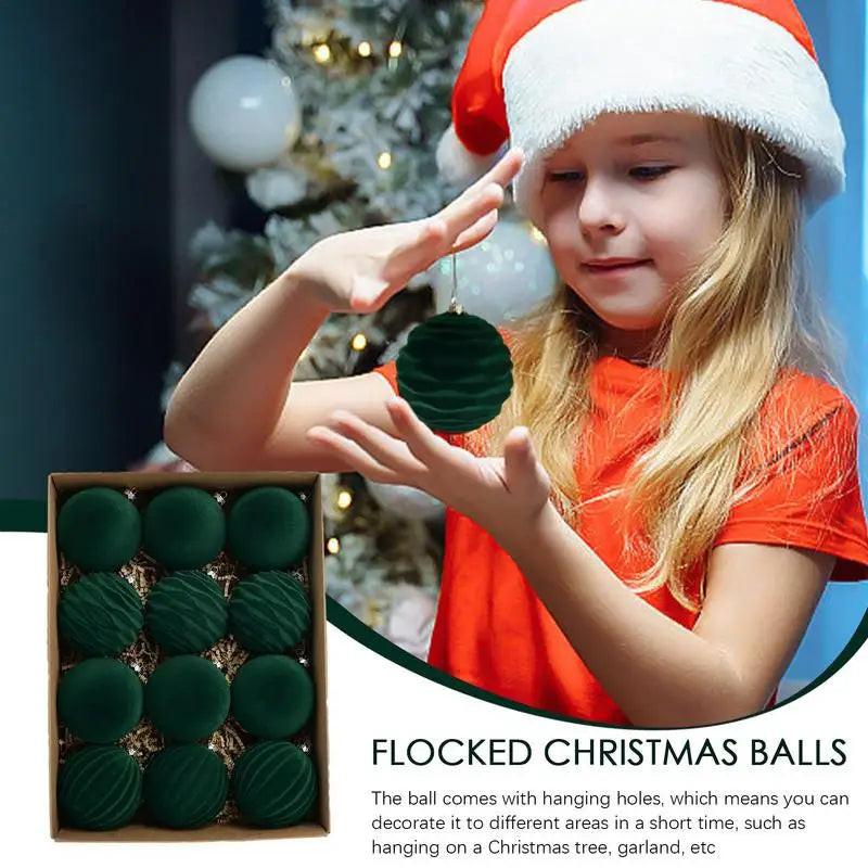 12-Pack Green Flocked Christmas Tree Baubles – Elegant ABS Ornaments for Festive Decor & Holiday Parties.