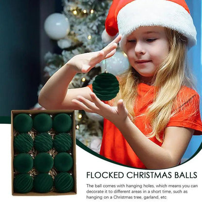 12-Pack Green Flocked Christmas Tree Baubles – Elegant ABS Ornaments for Festive Decor & Holiday Parties.
