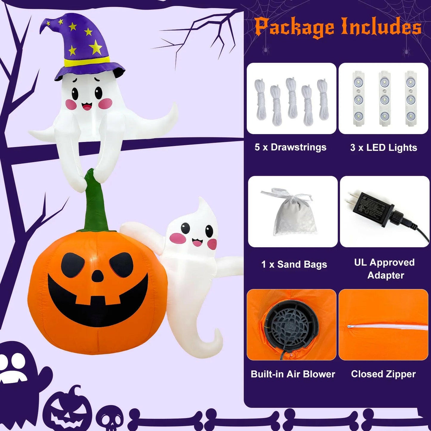 7FT Halloween Inflatable Decoration – Ghost and Pumpkin Scene with LED Lights for Outdoor and Indoor Yard, Roof, and Party Display