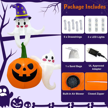 7FT Halloween Inflatable Decoration – Ghost and Pumpkin Scene with LED Lights for Outdoor and Indoor Yard, Roof, and Party Display