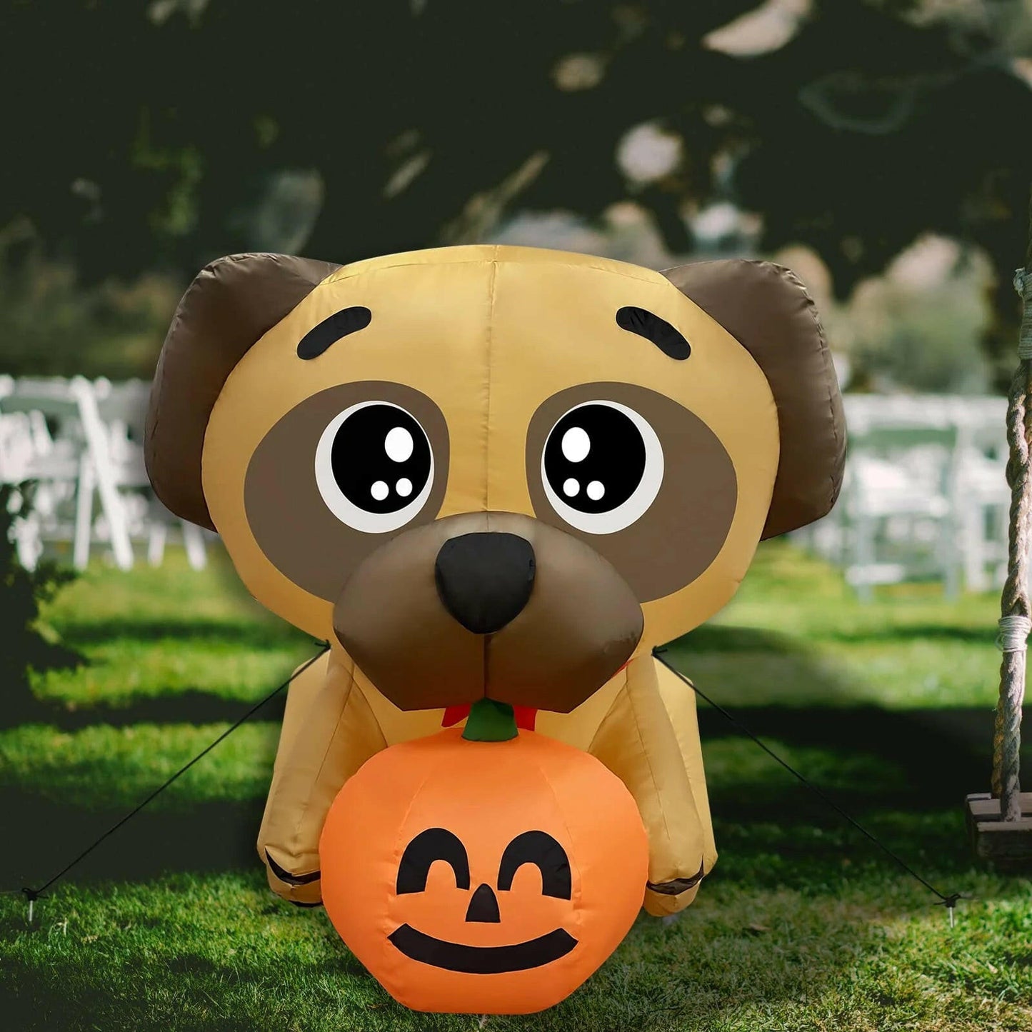 5FT Inflatable Halloween Pug Holding Pumpkin – LED Blow-Up Decoration for Garden, Lawn, and Indoor Displays