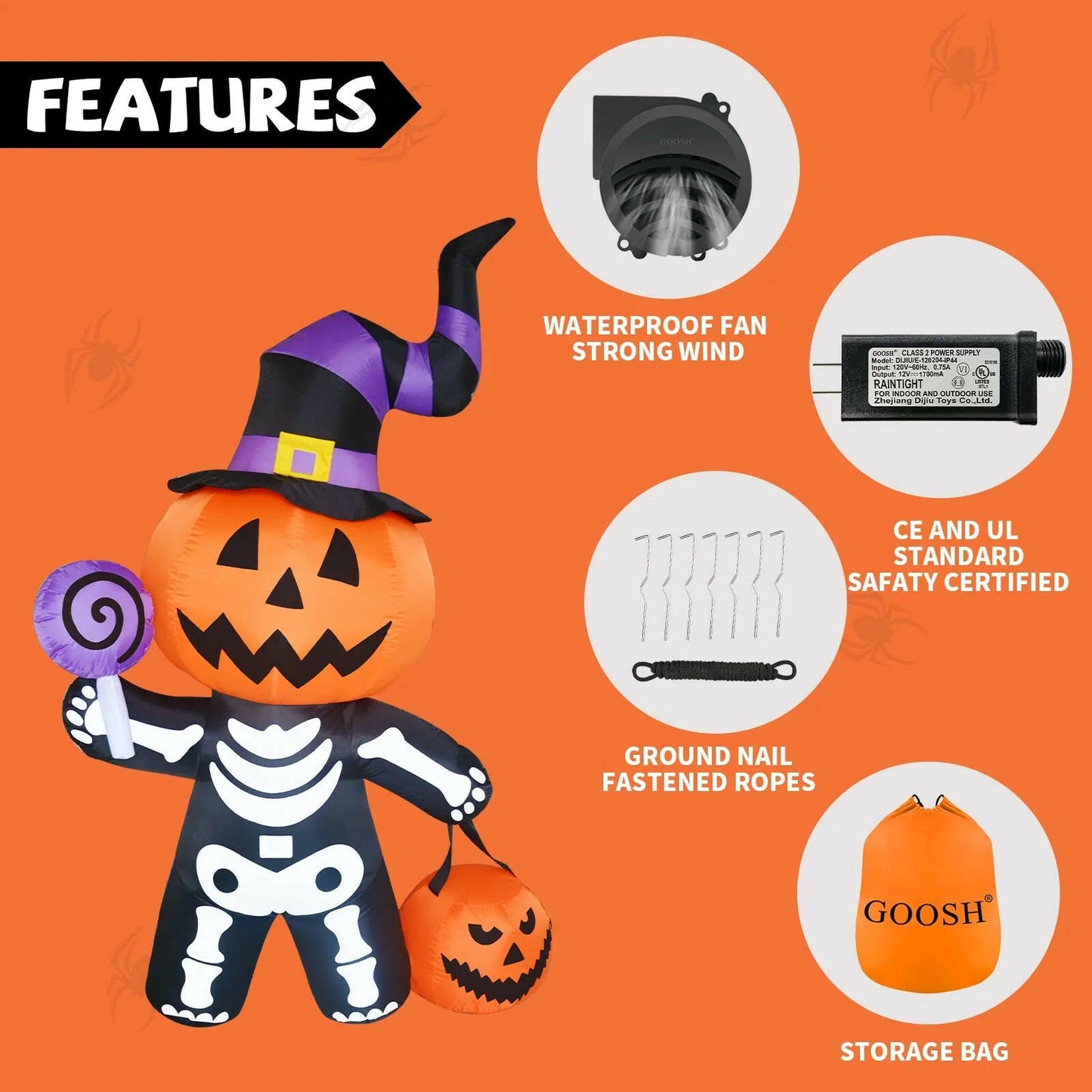 6FT Inflatable Halloween Pumpkin with Skull Body – LED Blow-Up Decoration for Garden, Lawn, and Indoor Displays