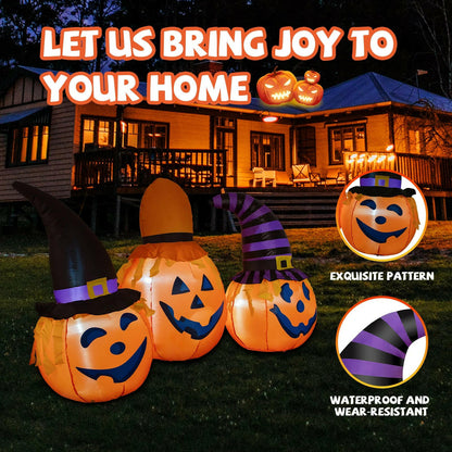 6.5FT Inflatable Halloween Pumpkin Trio with Wizard Hats – LED Blow-Up Decoration for Garden, Lawn, and Party Displays