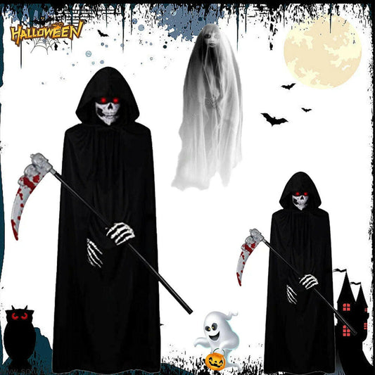 Unleash the Spooktacular! 🎃👻 Get your Scary Ghost Reaper Costume Set – Perfect for adults & kids! Hooded cape, skull mask, gloves, and scythe included! 🖤⚰️ #HalloweenVibes #SpookySeason