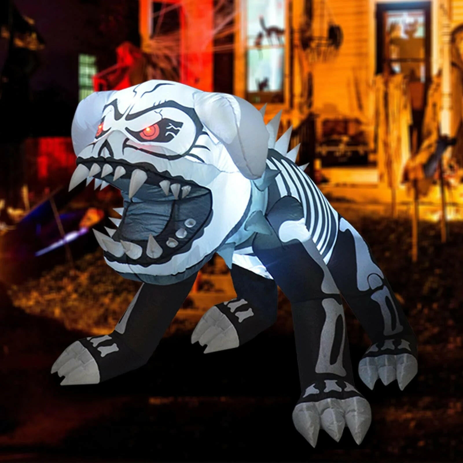 5FT Inflatable Halloween Puppy Skeleton Dog – Flashing Red LED Blow-Up Decoration for Garden, Lawn, and Party Displays