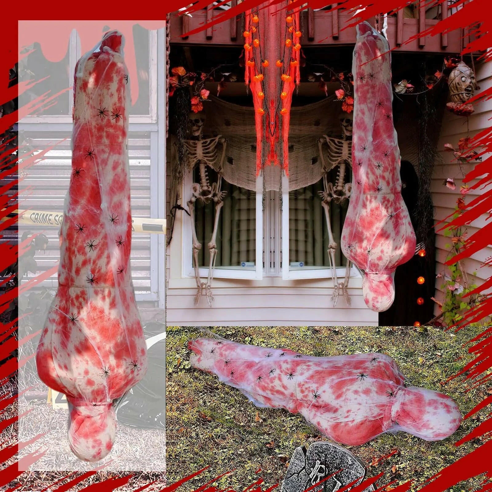 59Inch Halloween Corpse Props Set Outdoor Yard Creepy Shroud Decoration Horror Bloody Body Bag Haunted House Hanging Decorations