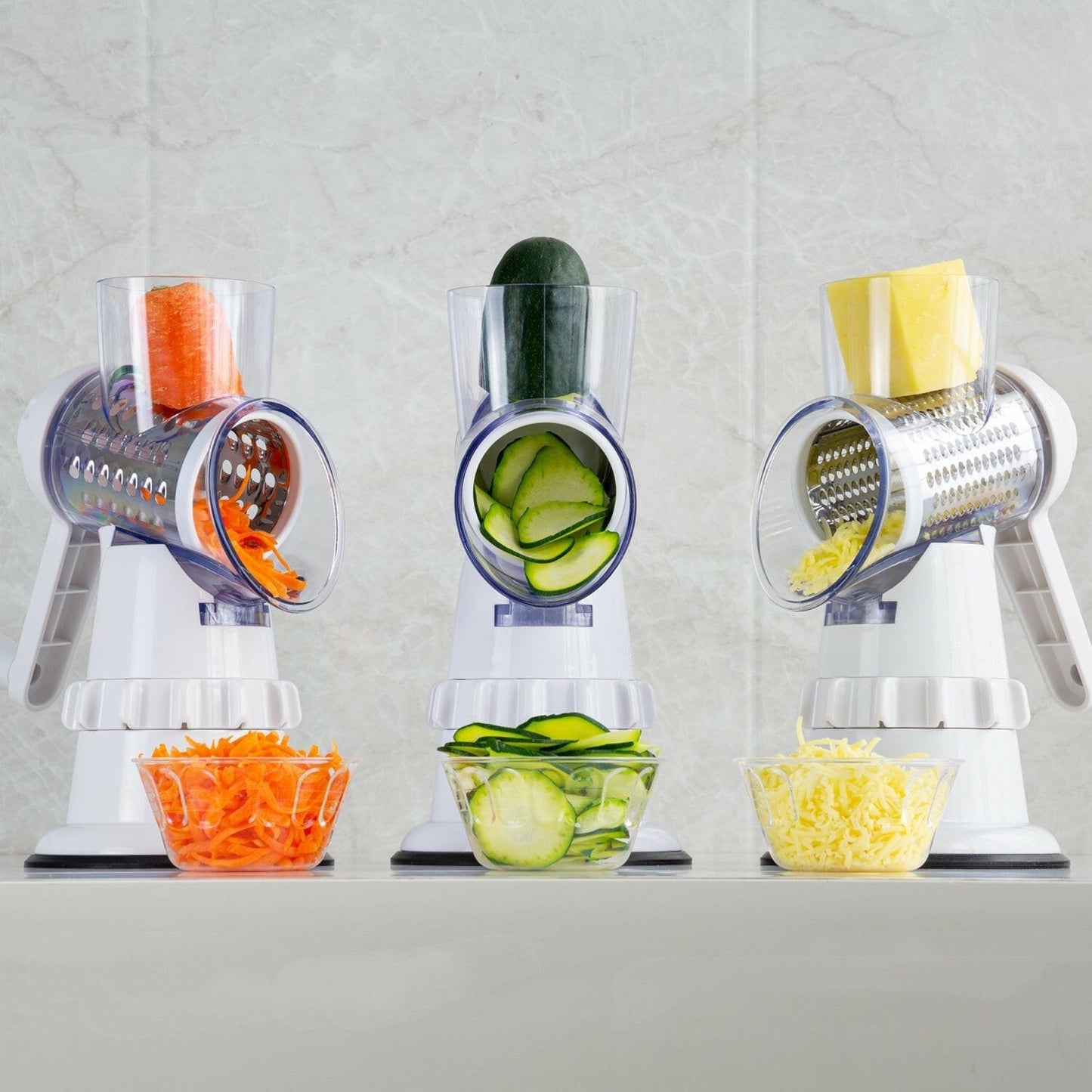 3-in-1 Manual Rotary Vegetable Slicer – Grater, Shredder & Chopper in One.