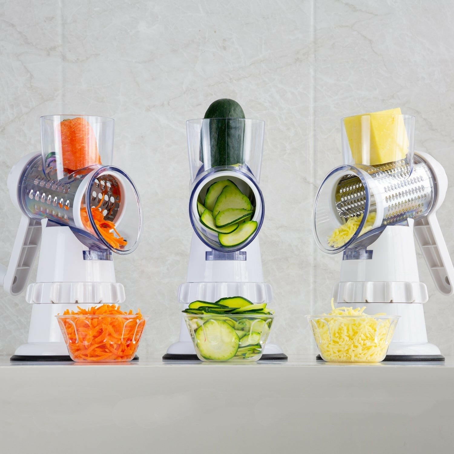 3-in-1 Manual Rotary Vegetable Slicer – Grater, Shredder & Chopper in One.