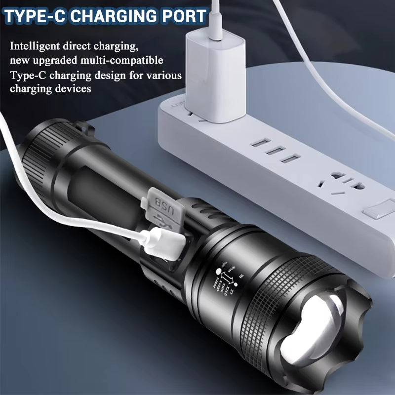 Most Powerful XHP70 LED Flashlight with Tail Warm Light USB Rechargeable Long Range Zoom Torch Outdoor Camping Emergency Lantern