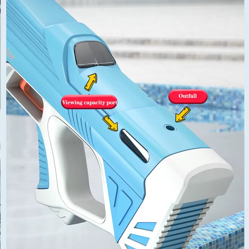 Electric water gun with rechargeable lithium battery & 8–10m range. 43cm long blaster with quick refilling, waterproof design & up to 200 shots per charge