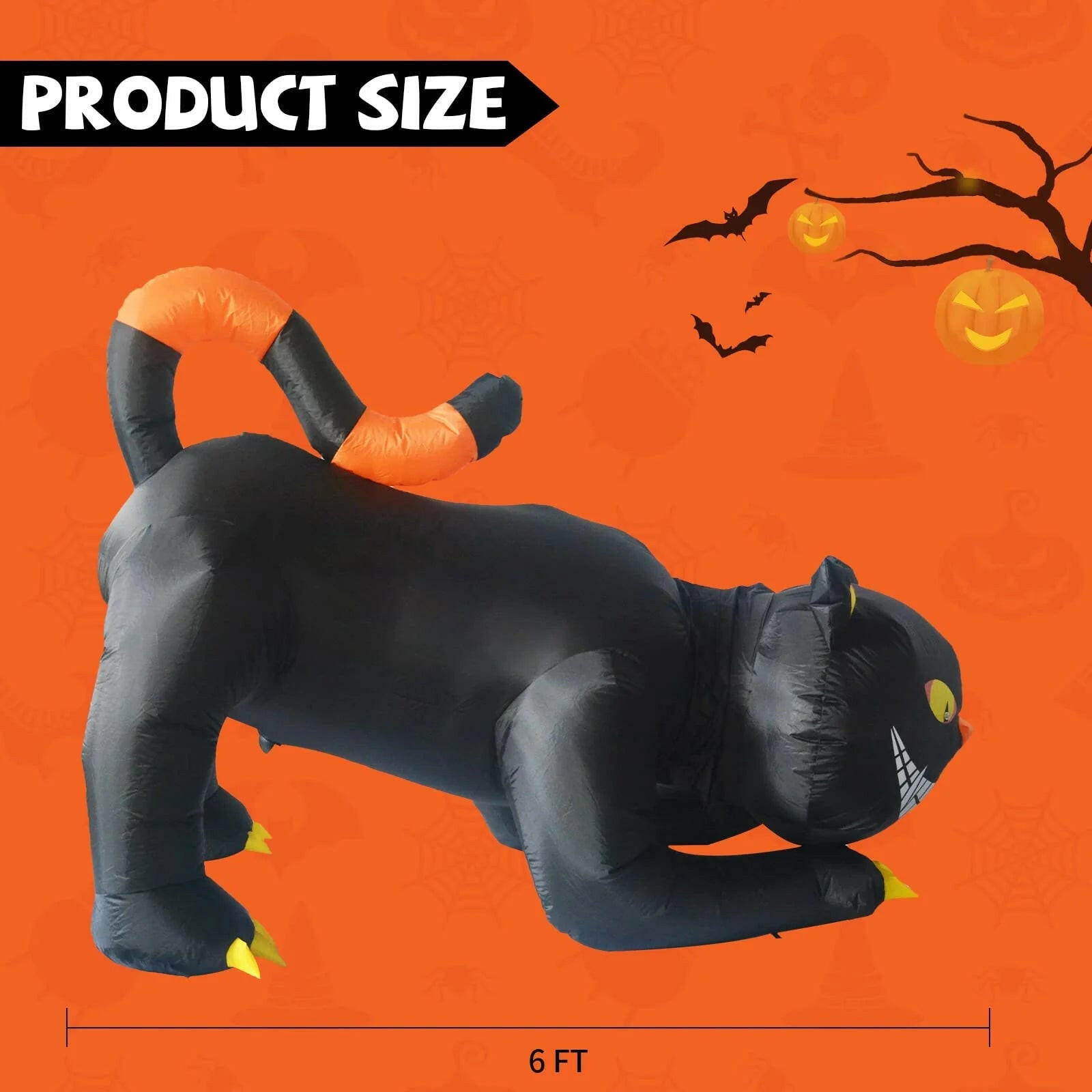 6FT Inflatable Halloween Black Cat with Fangs – LED Blow-Up Decoration for Garden, Lawn, and Indoor Displays