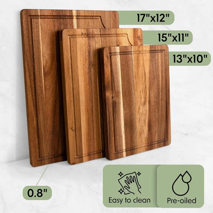 Acacia Wood Cutting Board Set – 3-Piece with Holder, Non-Slip Pads & Juice Grooves.