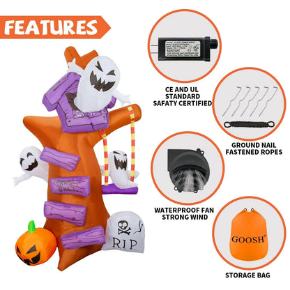 8FT Inflatable Halloween Ghost Tree with Pumpkin & Tombstone – LED Blow-Up Decoration for Garden, Lawn, and Party Displays
