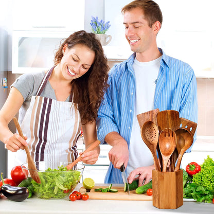 8-Piece Wooden Cooking Utensil Set | Natural Teak Kitchen Tools.