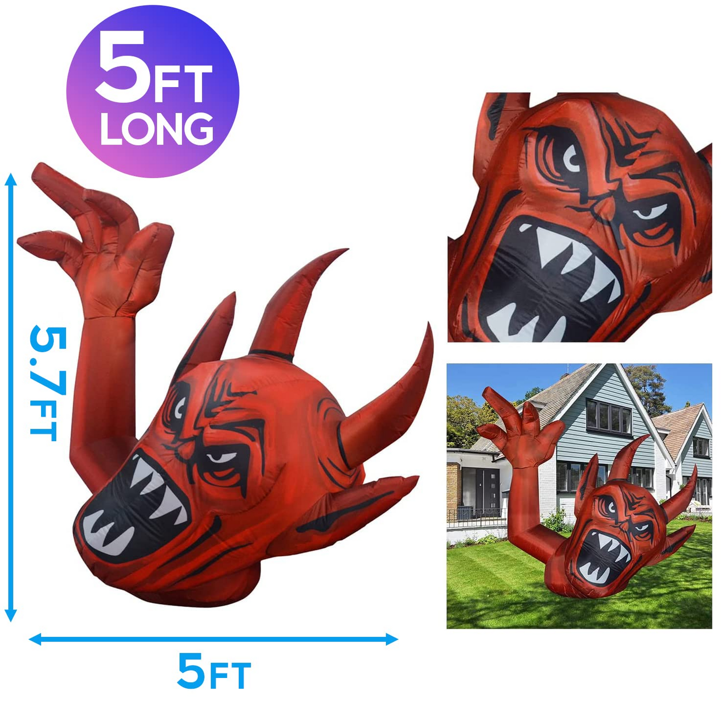 5FT Inflatable Halloween Red Devil – LED Blow-Up Decoration with Raised Hands for Garden, Lawn, and Indoor Displays