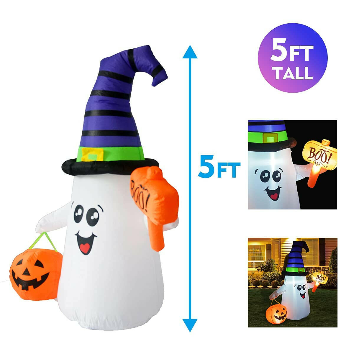 5FT Inflatable Halloween Ghost with Pumpkin – LED-Lit Outdoor and Indoor Decoration