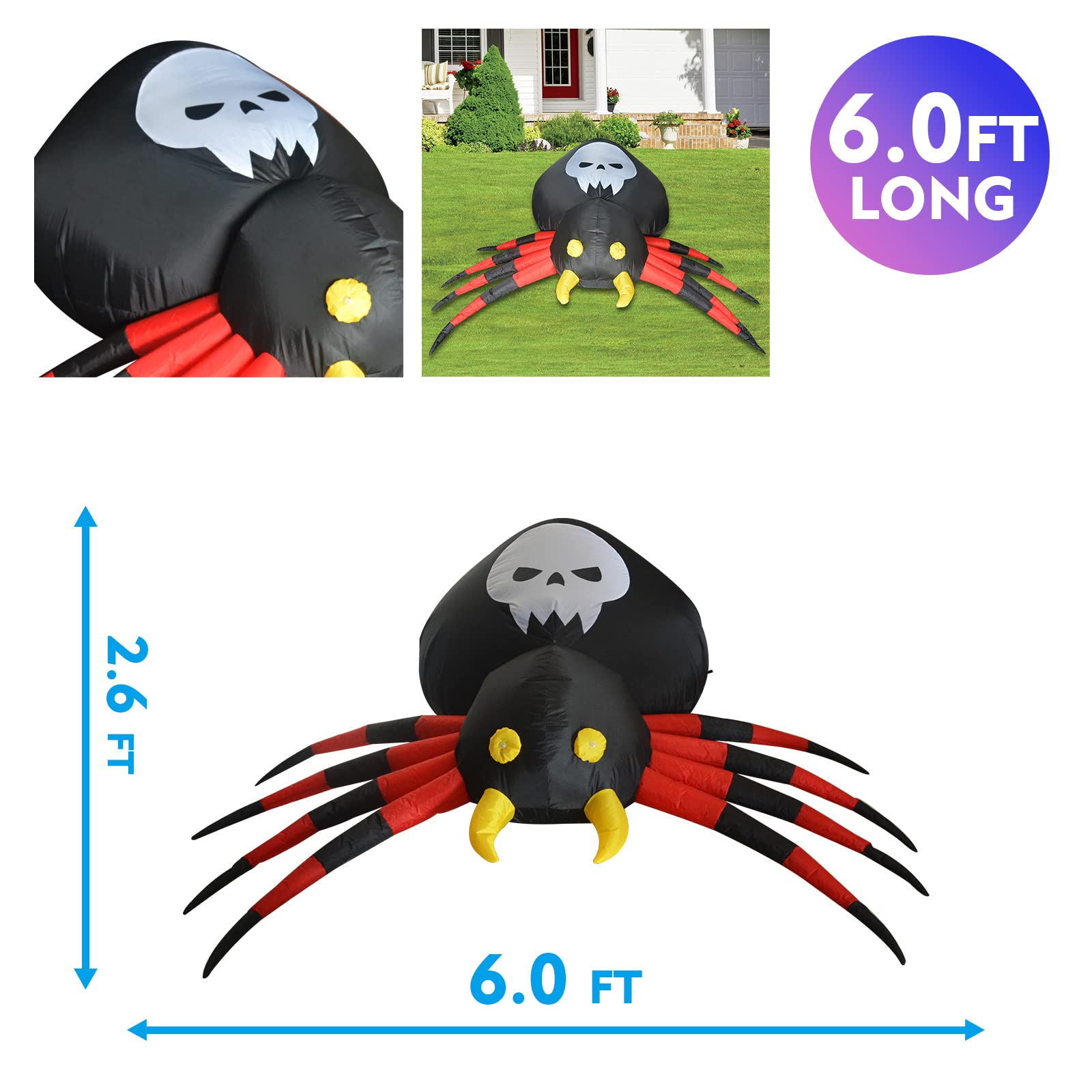 6FT Inflatable Halloween Spider with Magic Light – LED Blow-Up Decoration for Garden, Lawn, and Indoor Displays