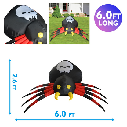 6FT Inflatable Halloween Spider with Magic Light – LED Blow-Up Decoration for Garden, Lawn, and Indoor Displays