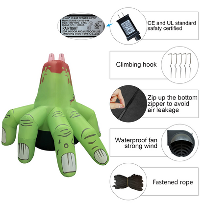 6FT Inflatable Green Monster Hand – LED Halloween Yard Prop for Outdoor and Indoor Decor